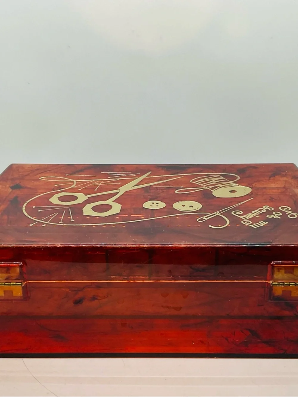 Vintage 1960s Lucite Amber ‘For My Sewing’ Box & Tray Gold Embossed Design.